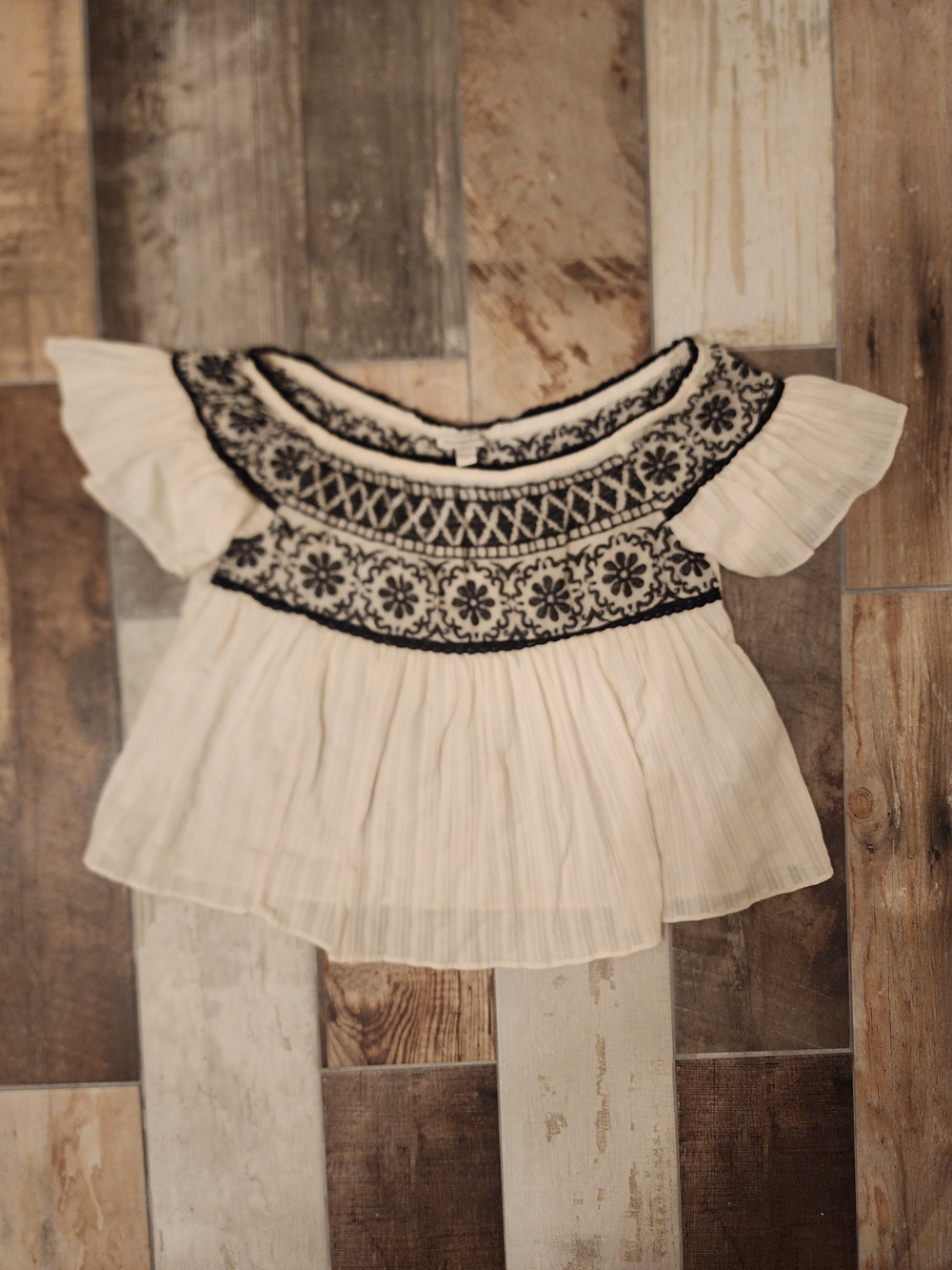 American Eagle Outfitters Cream Off-Shoulder Top with Black Embroidery